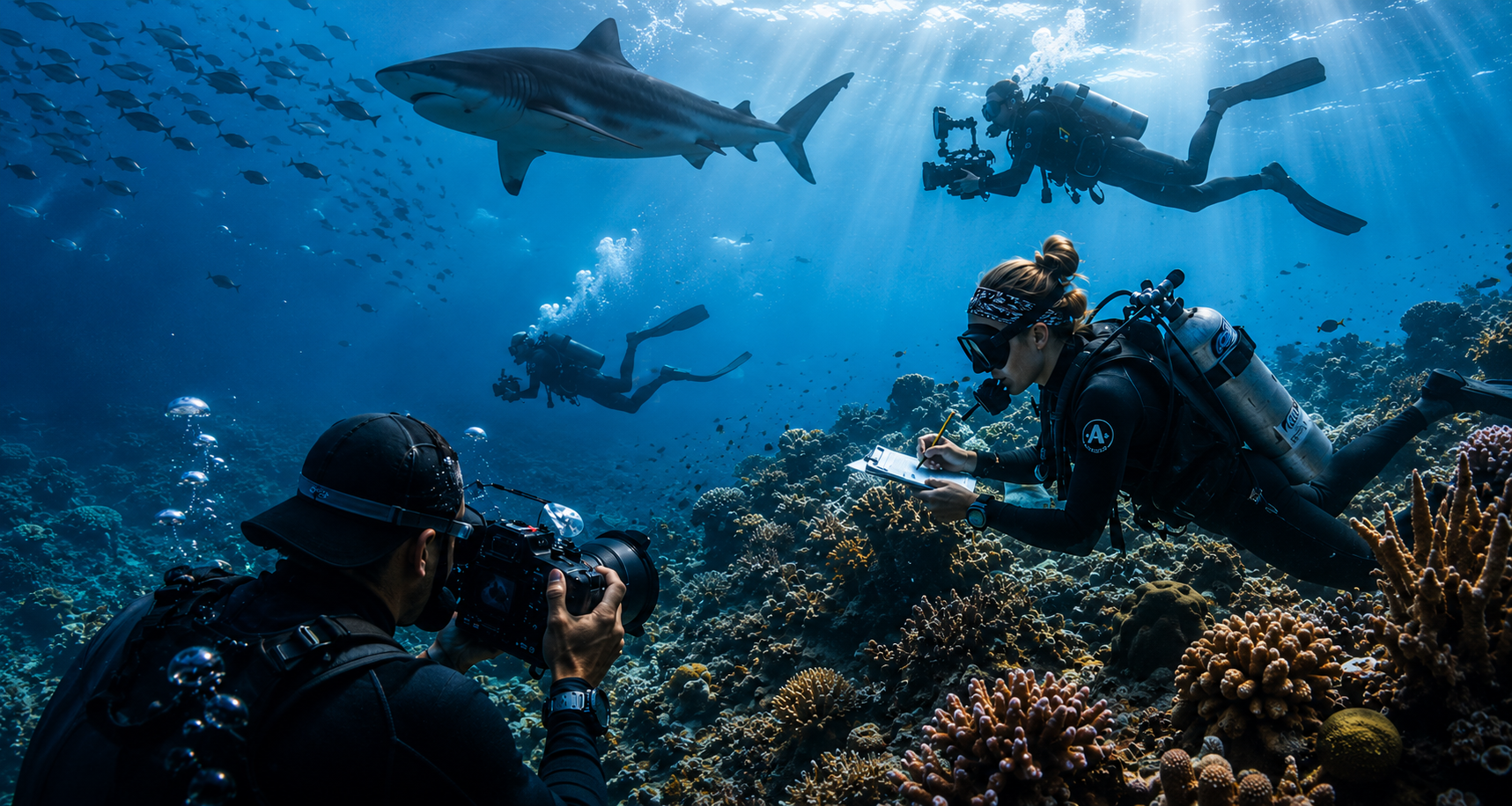 A diver filming a shark encounter in blue water.