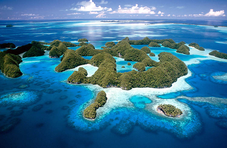 Aerial view of Palau limestone islands and blue lagoons.